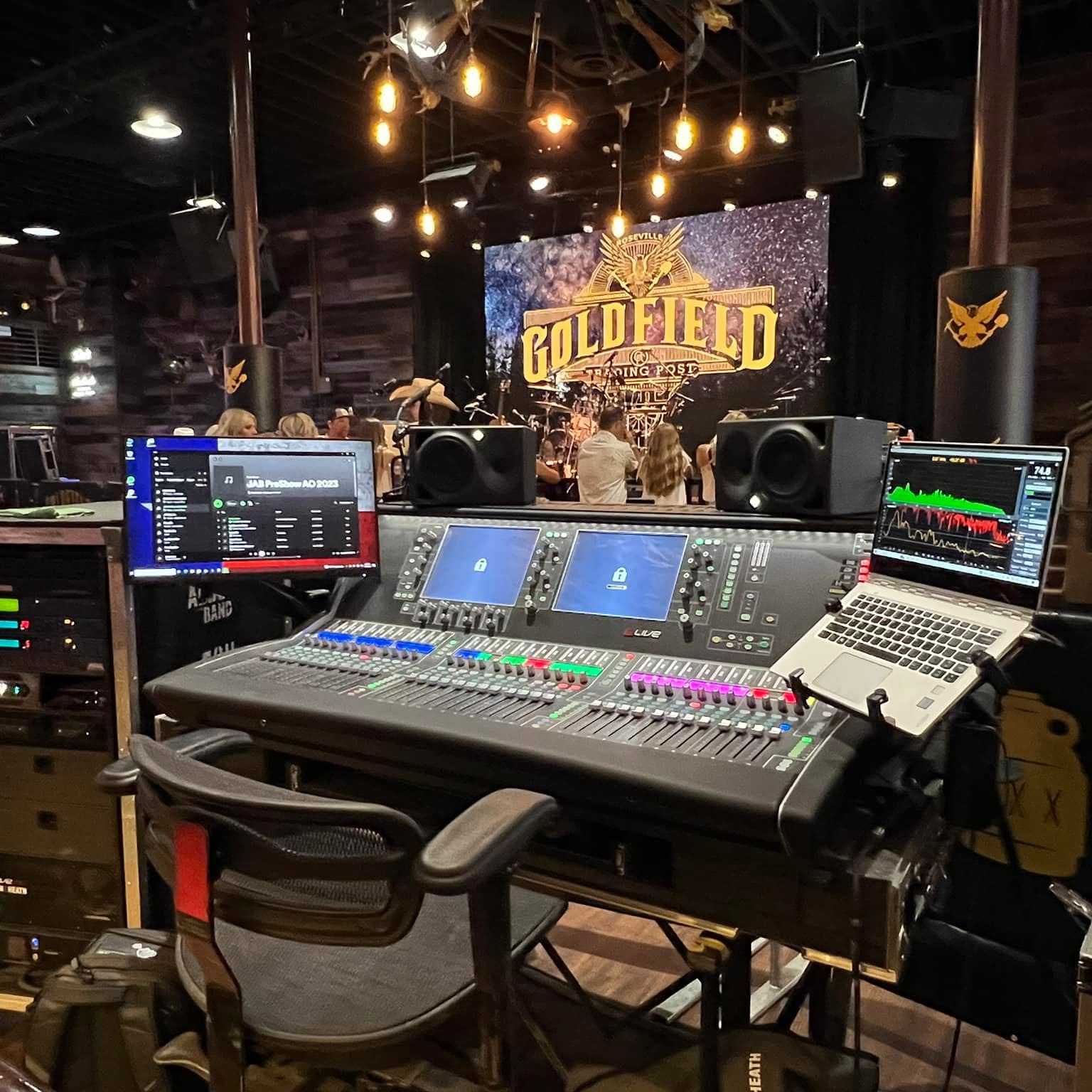Sound mixing desk with a view of the stage at Goldfield Roseville.