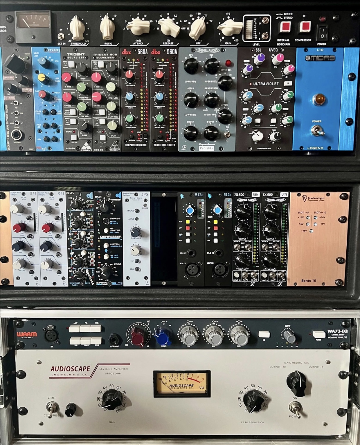 Sacramento Sound Solutions recording rack with microphone preamps, equalizers, and dynamics processors.